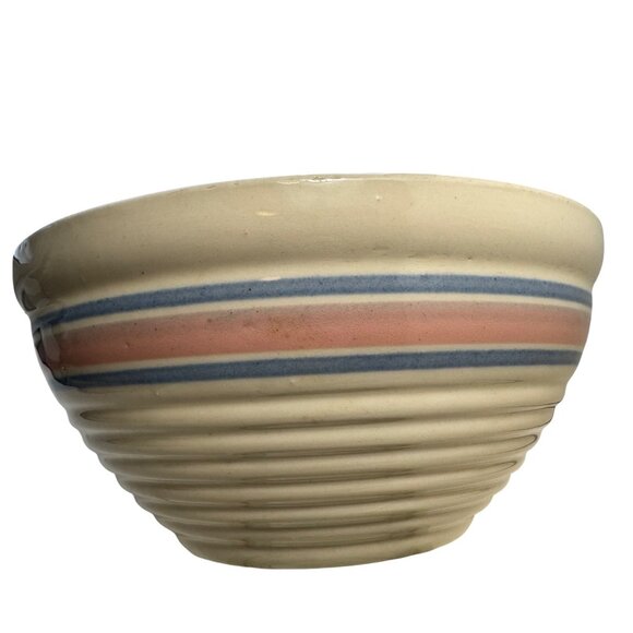 McCoy Ovenware Mixing Bowl Pink Blue Bands Striped Beehive Pottery USA 8" Vtg - Picture 13 of 16